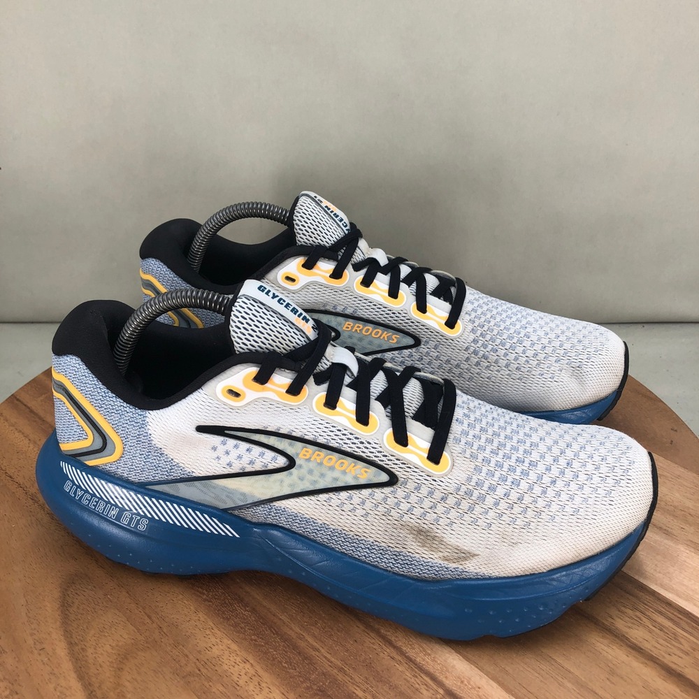 Brooks Glycerin GTS 21 Mens Running Shoes White Blue Yellow Cushioned Size 10.5
